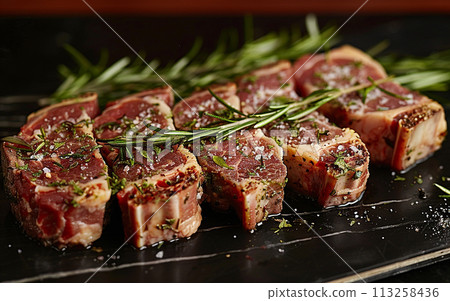 Raw Seasoned Lamb Chops Ready for Cooking 113258436