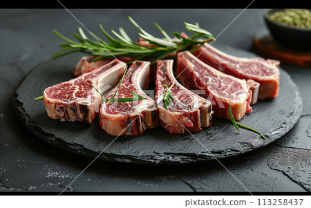 Raw Lamb Chops on Slate with Rosemary 113258437