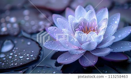Serene Water Lily with Dewdrops 113258463