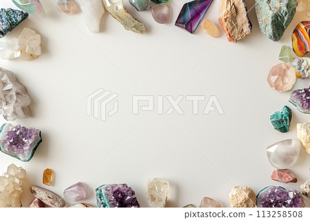 Assorted Gemstones Frame on Neutral Background Assorted Gemstones Frame on Neutral Background 113258508