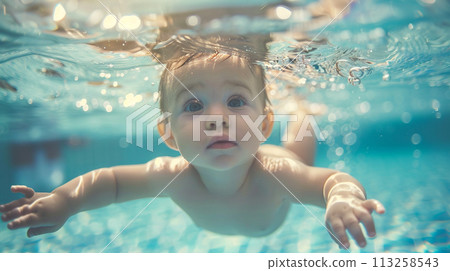 A little baby smiling while having fun underwater A little baby smiling while having fun underwater 113258543