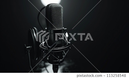 Modern Microphone and Headphones on Dark Background 113258548