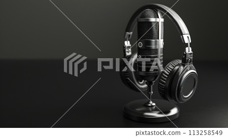 Modern Microphone and Headphones on Dark Background 113258549