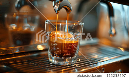Fresh Espresso Pouring into Glass Fresh Espresso Pouring into Glass 113258597
