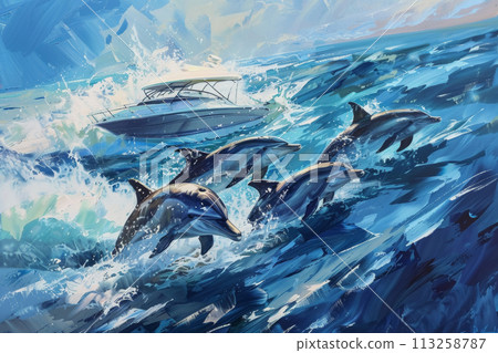 Dolphins and Yacht at Sea Dolphins and Yacht at Sea 113258787