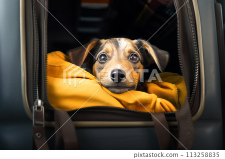 Dog Peeking from Travel Bag Dog Peeking from Travel Bag 113258835