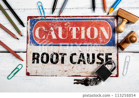 Root Cause. Metal CAOTION plate with text on a white wooden background Root Cause. Metal CAOTION plate with text on a white wooden background 113258854