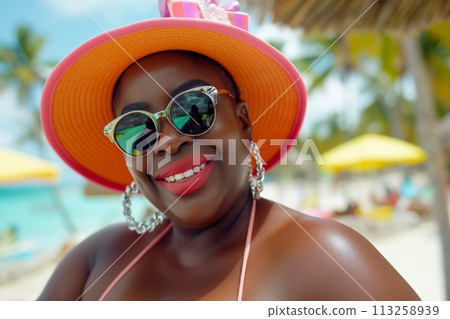 Portrait of beautiful plus size African American woman wearing hat and sunglasses on the beach 113258939
