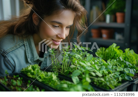 Portrait of young smiling woman taking care of plants while gardening home 113258996