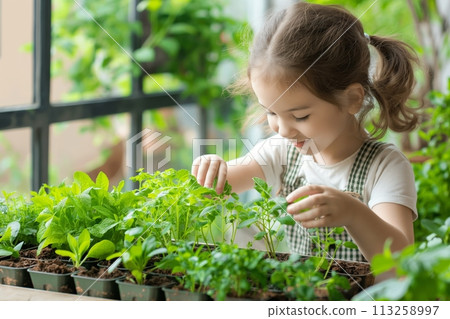 Portrait of young smiling girl taking care of plants while gardening home 113258997