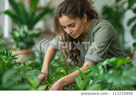 Portrait of young smiling woman taking care of plants while gardening home 113258998