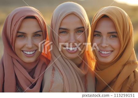 Young smiling islamic women friends wearing abaya and taking selfie together in the desert 113259151