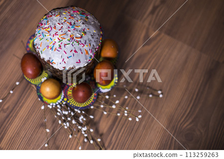 spring Cake And Colorful Eggs For Easter  113259263