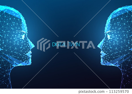 Digital twins, artificial intelligence futuristic concept with two identical faces facing each other 113259570