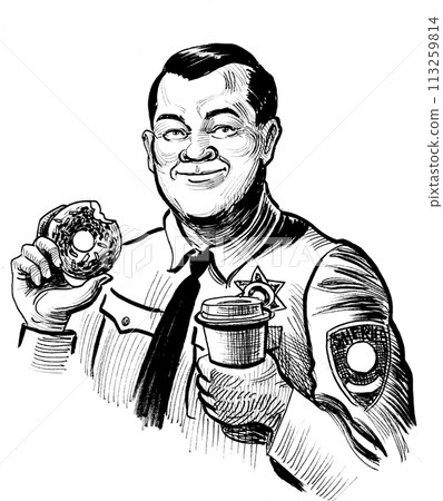 Police officer drinking coffee and eating doughnut. Hand drawn retro styled black and white illustration 113259814