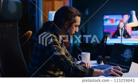 Self employed developer updating artificial intelligence machine learning algorithm, writing binary code scripts. IT expert working from home using programming to upgrade AI brain, camera A 113259843