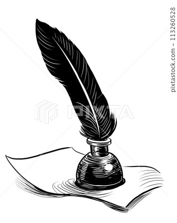 Quill pen and paper. Hand drawn retro styled black and white illustration 113260528