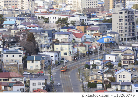 [Logo, number plate, and driver blurred] Orange tram going downhill from Aoyagicho, Hakodate City to Yachigashira 113260779
