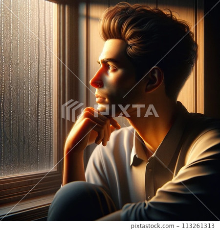 一個年輕人在窗邊思考 一個年輕人在窗邊思考 113261313