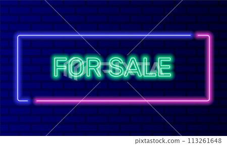 Neon sign for sale in speech bubble frame on brick wall background vector. Light banner on the wall background. For sale button discount and advertising, design template, night neon signboard 113261648