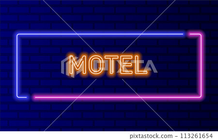 Neon sign motel in speech bubble frame on brick wall background vector. Light banner on the wall background. Motel button booking apartments, design template, night neon signboard Neon sign motel in speech bubble frame on brick wall background vector. Light banner on the wall background. Motel button booking apartments, design template, night neon signboard 113261654