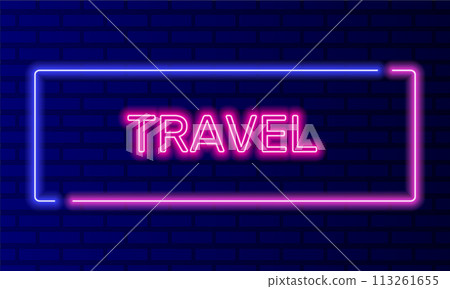 Neon sign travel in speech bubble frame on brick wall background vector. Light banner on the wall background. Travel button tourism and hotels, design template, night neon signboard Neon sign travel in speech bubble frame on brick wall background vector. Light banner on the wall background. Travel button tourism and hotels, design template, night neon signboard 113261655