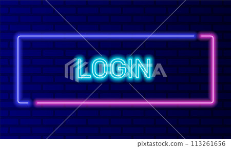 Neon sign login in speech bubble frame on brick wall background vector. Light banner on the wall background. Login button user protection, design template, night neon signboard Neon sign login in speech bubble frame on brick wall background vector. Light banner on the wall background. Login button user protection, design template, night neon signboard 113261656