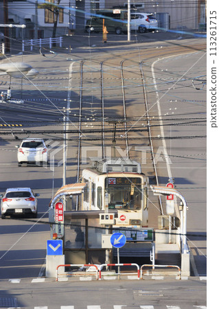 [垂直構圖、標誌和車號製造商徽章玻璃模糊]函館市電車2號線到達八地頭電車站並出發 113261715