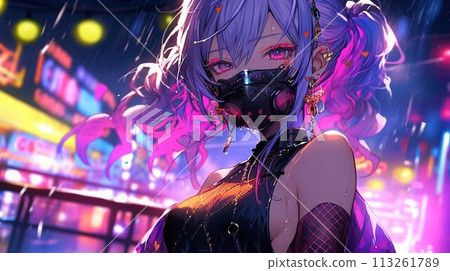 young woman wearing a gas mask 113261789