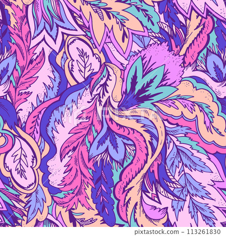 Colorful ornamental psychedelic pattern. Funky vector texture with colorful abstract organic shapes. Colorful ornamental psychedelic pattern. Funky vector texture with colorful abstract organic shapes. 113261830
