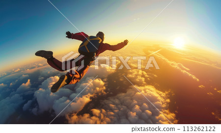 A skydiver dress in colorful gear descends rapidly from the sky. The exhilarating experience of skydiving. Generative AI. 113262122