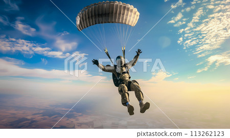 A skydiver dress in colorful gear descends rapidly from the sky. The exhilarating experience of skydiving. Generative AI. 113262123