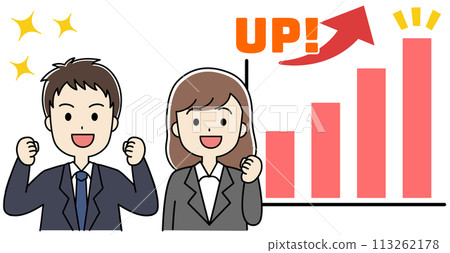 Illustration of a man and woman in suits who are happy with an upward trending graph - Improved performance 113262178