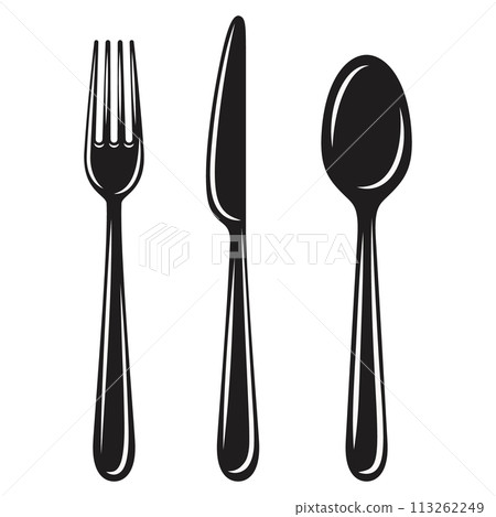 Vector Flat Black and White Dinner Fork, Knife and Spoon Icon Set Closeup, Isolated. Tableware Set. Top View Vector Flat Black and White Dinner Fork, Knife and Spoon Icon Set Closeup, Isolated. Tableware Set. Top View 113262249