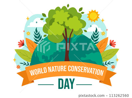 World Nature Conservation Day Vector Illustration with World Map, Tree and Eco Friendly Ecology for Preservation in Flat Cartoon Background 113262560
