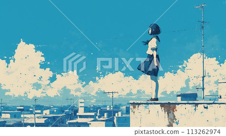 AI-generated image of a high school girl standing on a rooftop 113262974
