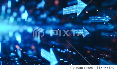 Background with an image of digital data transfer symbolized by a blue arrow Background with an image of digital data transfer symbolized by a blue arrow 113263129