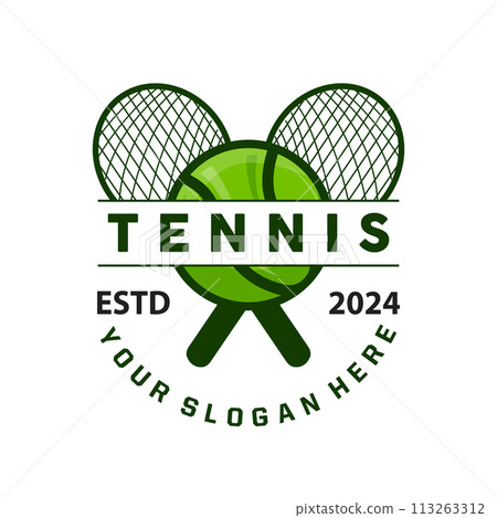 Tennis Sports Logo, Ball and Racket Design for Simple and Modern Tournament Championship Sports 113263312