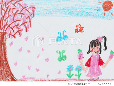 兒童畫春天的風景和女孩 兒童畫春天的風景和女孩 113263367