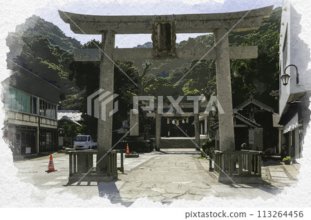 水彩畫風 三保神社鳥居門 島根縣松江市 113264456