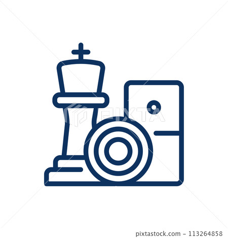 Board Games Icon. Simple Line Illustration of a Chess Piece and Domino Tile, Representing Strategic Thinking and Tactical Play in Board Games. Board Games Icon. Simple Line Illustration of a Chess Piece and Domino Tile, Representing Strategic Thinking and Tactical Play in Board Games. 113264858