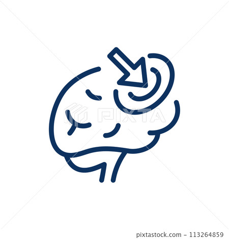 Mental Focus Icon. Simple Line Illustration of a Brain with an Arrow Targeting a Point, Representing Brain Concentration, Cognitive Functions, and Mental Precision. 113264859