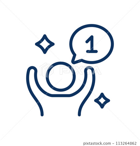 Competitive Spirit Icon. Simple Line Illustration of a Person with a Speech Bubble and Number One, Depicting Success, Achievement, Ranking, and Competitive Spirit. Competitive Spirit Icon. Simple Line Illustration of a Person with a Speech Bubble and Number One, Depicting Success, Achievement, Ranking, and Competitive Spirit. 113264862