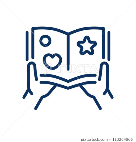 Child's Reward Sticker Book Icon. Simple Line Illustration of an Open Book Adorned with Stickers and Stars, Symbolizing Motivation System, Rewards for Achievements and Assistance. Child's Reward Sticker Book Icon. Simple Line Illustration of an Open Book Adorned with Stickers and Stars, Symbolizing Motivation System, Rewards for Achievements and Assistance. 113264866