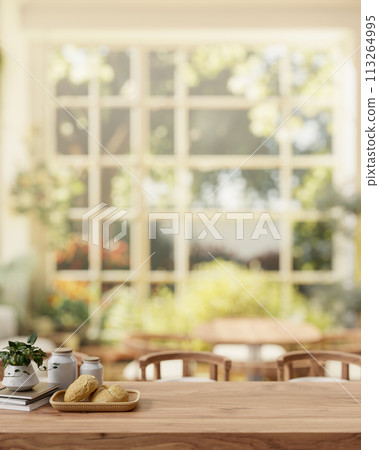 A rustic wooden dining table in a beautiful... - Stock Illustration ...