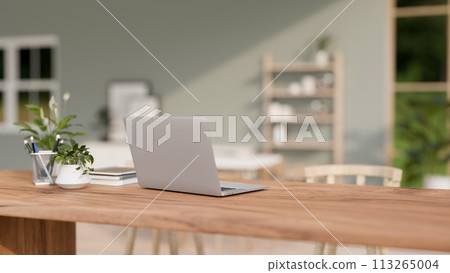 A back view of a laptop computer on a wooden table in a contemporary bright room. 113265004