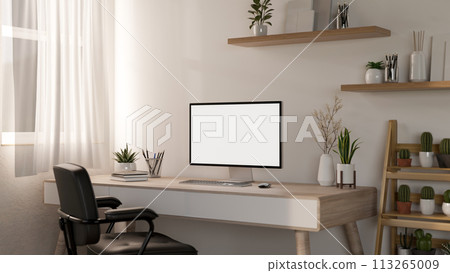 A contemporary, minimalist white home office with a computer mockup on a wooden desk. A contemporary, minimalist white home office with a computer mockup on a wooden desk. 113265009