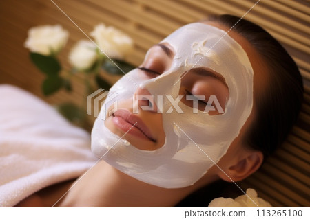 Beautiful brunette woman enjoying applying cosmetic mask with closed eyes Beautiful brunette woman enjoying applying cosmetic mask with closed eyes 113265100