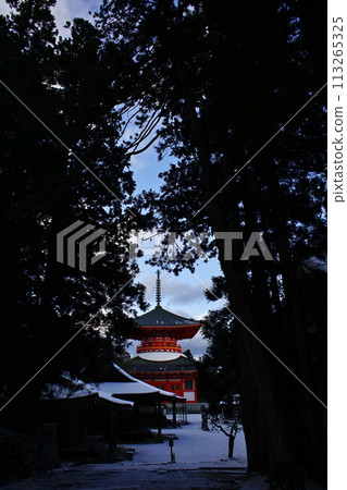 Snowy scenery at Danjo Garan, a World Heritage Site at Mount Koya Snowy scenery at Danjo Garan, a World Heritage Site at Mount Koya 113265325