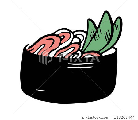 Single vector tuna and onion gunkan hand drawn doodle style side view isolated on white background Single vector tuna and onion gunkan hand drawn doodle style side view isolated on white background 113265444